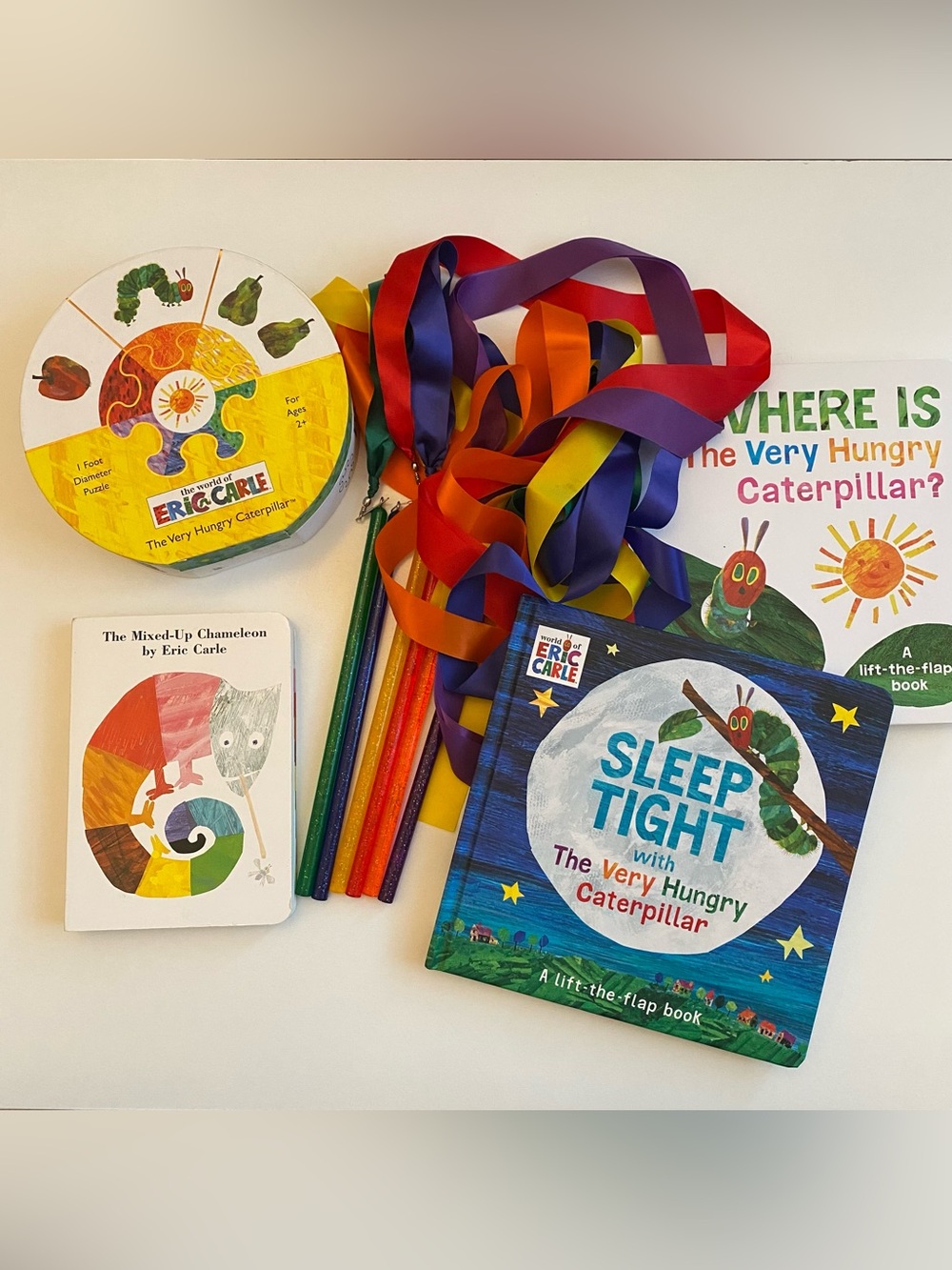 Eric Carle Hungry Caterpillar Puzzle, Three Books & 6 Ribbon Wands - 10 Pc Set